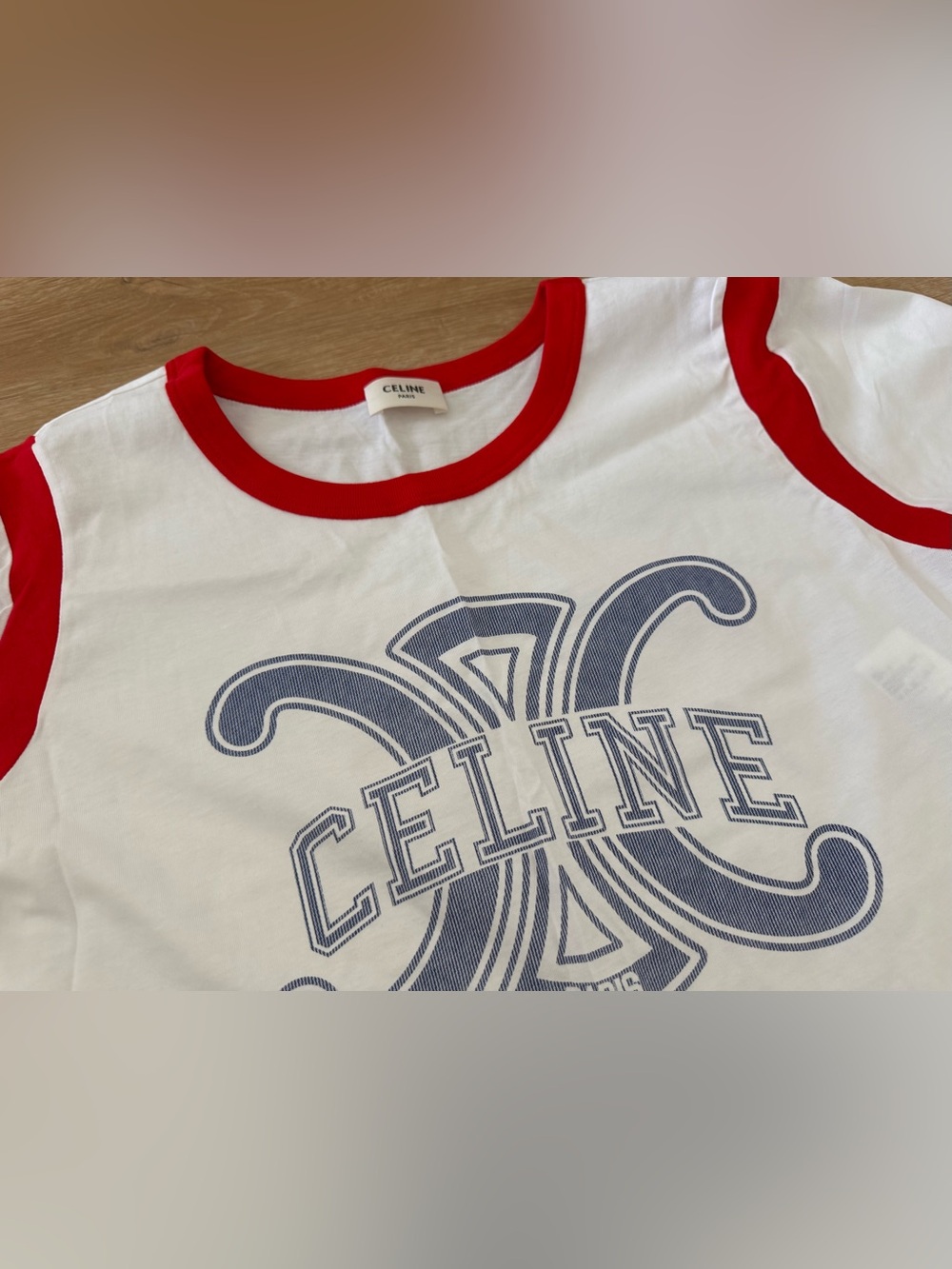 Celine White Short-Sleeve Tee with Red Trim and Blue Logo - Picture 2 of 5